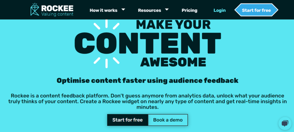 Screenshot of Rockee' home page for a post highlighting features that make it a good qualitative content marketing analytics tool