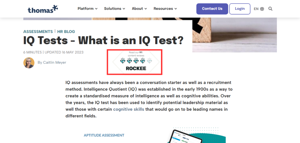 Screenshot of a blog from Thomas.co showing a Rockee Trust Badge for a post on how to reduce bounce rate