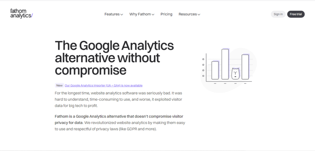 Screenshot of Fathom Analytics' home page highlighting features that make it a good content marketing analytics tool