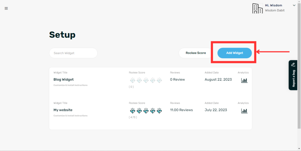 Screenshot of the process of setting up a Rockee widget for a content feedback survey