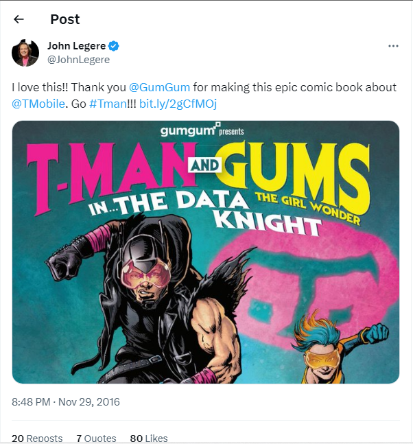 Screenshot of a twitter post by John Legere on Gum-Gum's prtrayal of him as T-man in a comic - for our post on account based marketing tactics