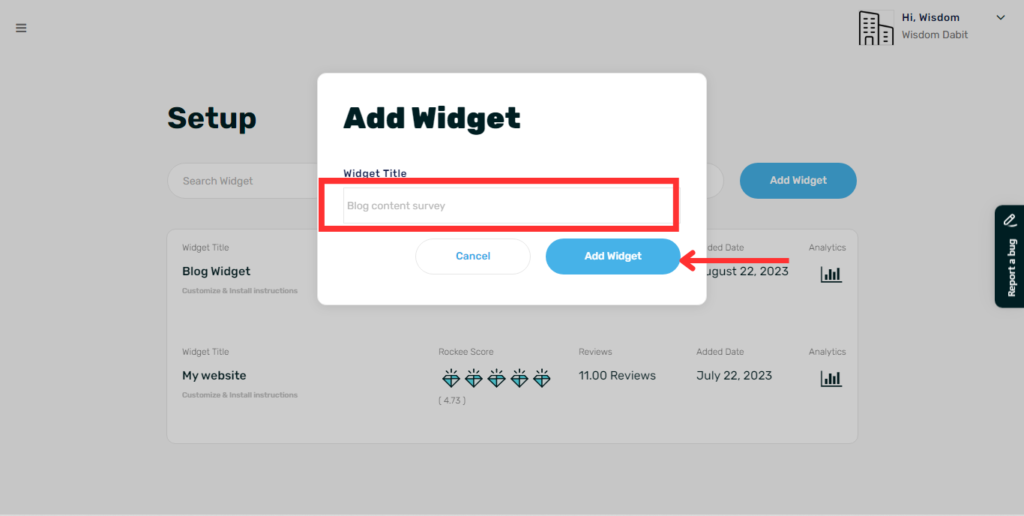 Screenshot showing how to name a Rockee widget