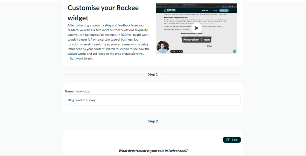 Screenshot of the process of customizing a rockee email feedback widget for a post on account based marketing tactics